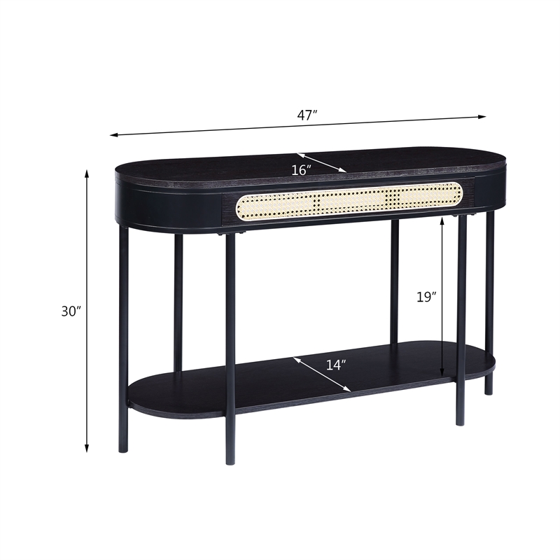Bowery Hill Colson Oval Wood Top Sofa Table with Rattan Insert in Black