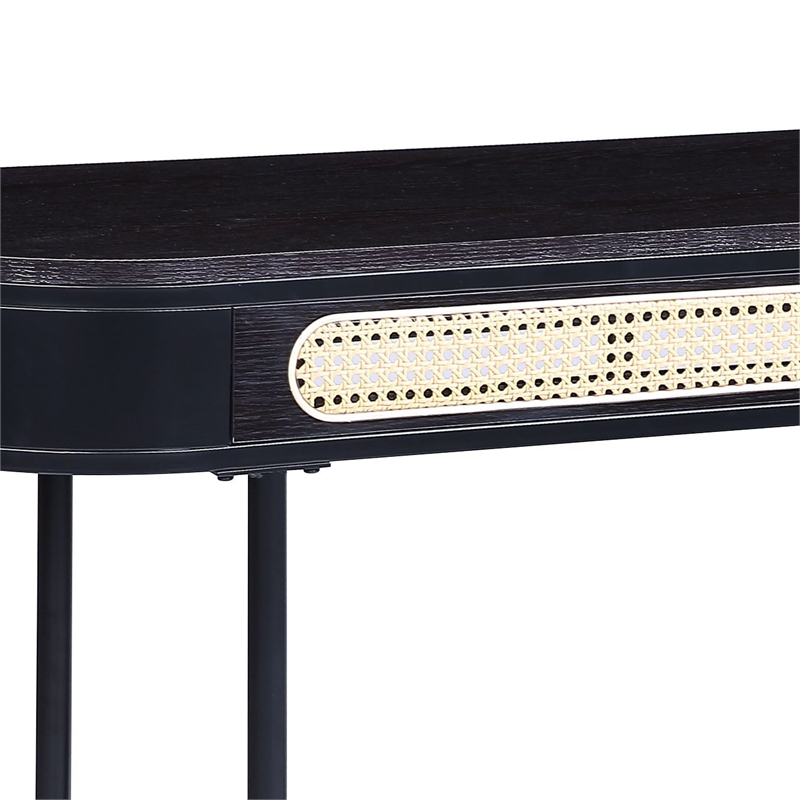 Bowery Hill Colson Oval Wood Top Sofa Table with Rattan Insert in Black