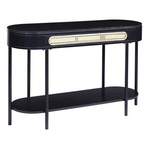Bowery Hill Colson Oval Wood Top Sofa Table with Rattan Insert in Black