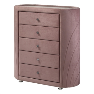 Bowery Hill 5-Drawer Velvet Upholstery Chest with Glass Top in Pink