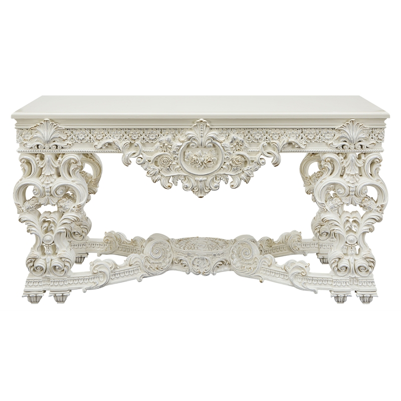 Bowery Hill Wooden Top Sofa Table with Floral Carved Legs in Antique White