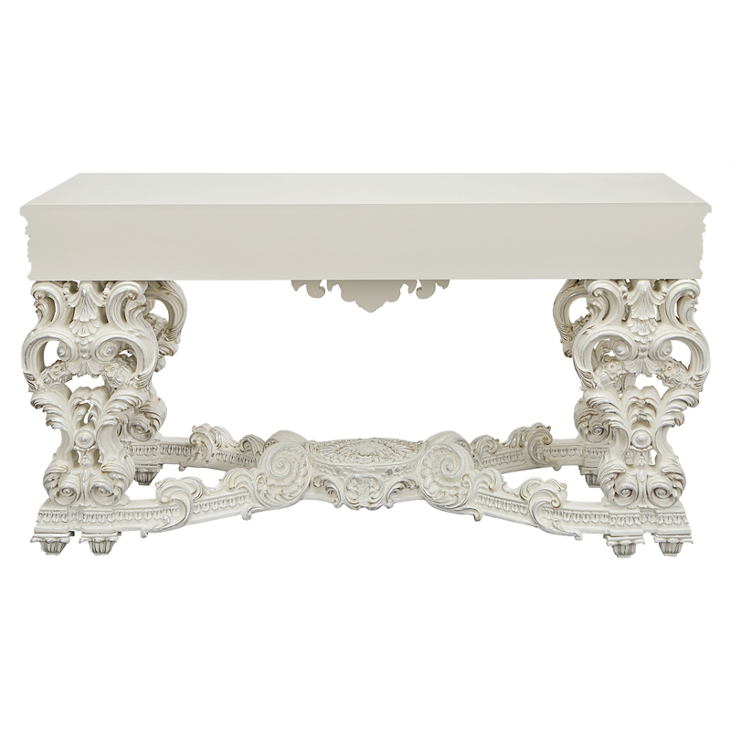 Bowery Hill Wooden Top Sofa Table with Floral Carved Legs in Antique White