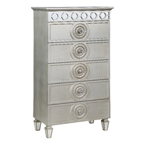 Bowery Hill 5-Drawe Wooden Chest with Mirror Inlay in Silver