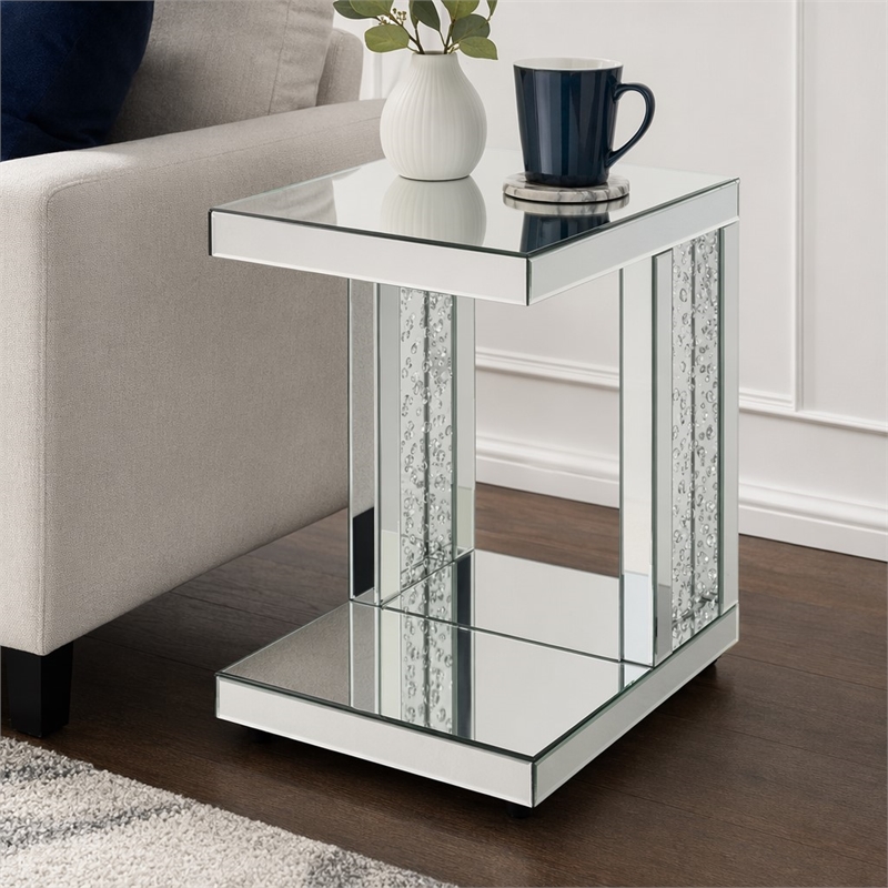 Bowery Hill Mirrored Accent Table with Faux Crystal Inlay Base