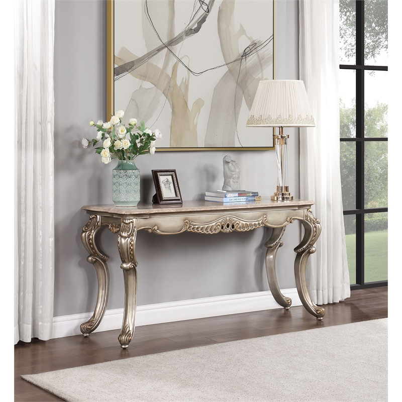 Bowery Hill Rectangular Marble Top Sofa Table in Natural and Antique Bronze