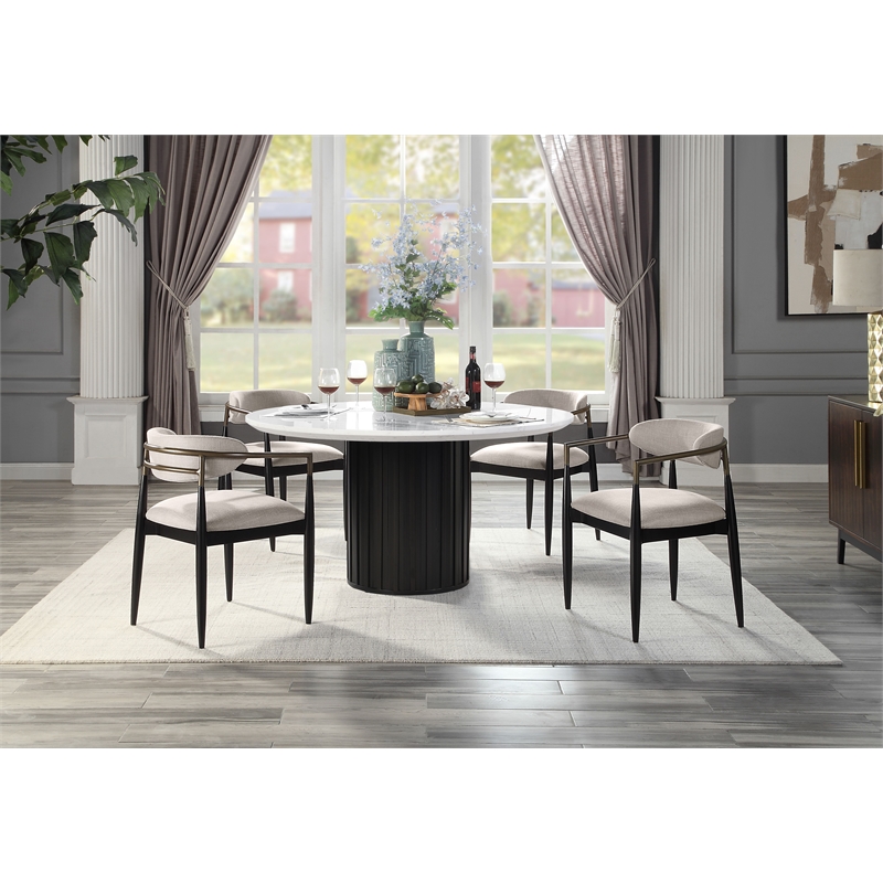 Bowery Hill Round Marble Dining Table with Pedestal Base in White/Black