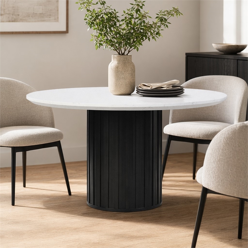 Bowery Hill Round Marble Dining Table with Pedestal Base in White/Black