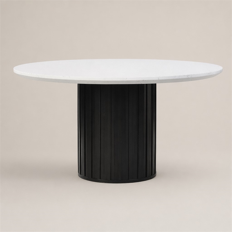 Bowery Hill Round Marble Dining Table with Pedestal Base in White/Black