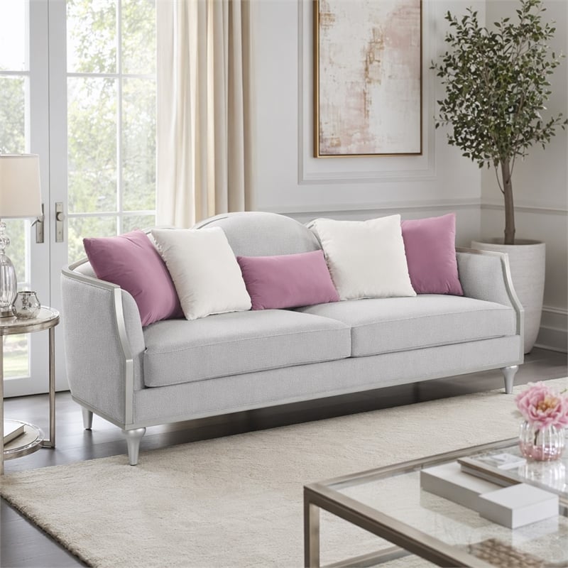 Bowery Hill Fabric Sofa with 5 Accent Pillows in Beige Linen