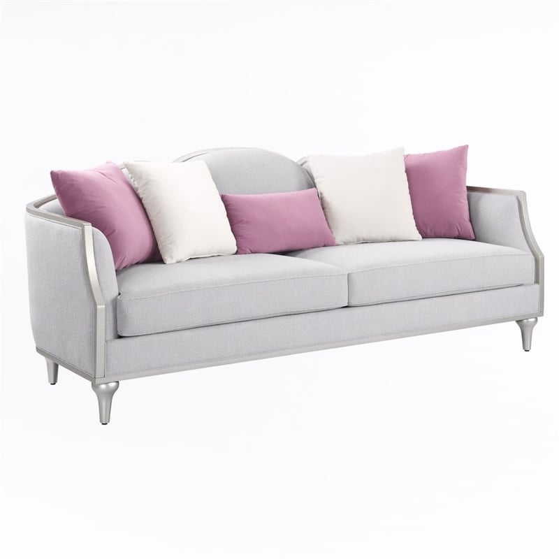 Bowery Hill Fabric Sofa with 5 Accent Pillows in Beige Linen