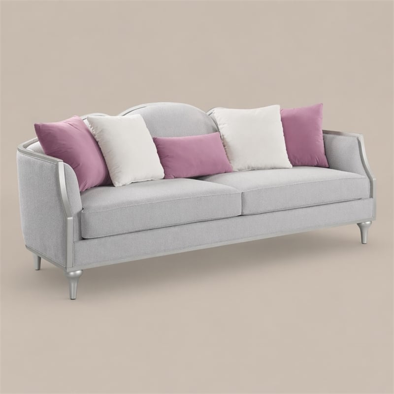 Bowery Hill Fabric Sofa with 5 Accent Pillows in Beige Linen