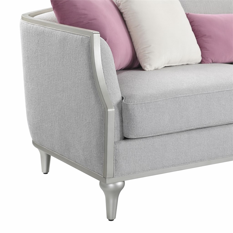Bowery Hill Fabric Sofa with 5 Accent Pillows in Beige Linen