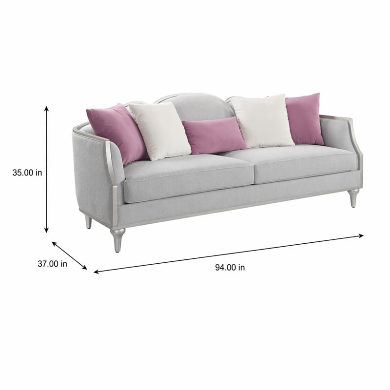 Bowery Hill Fabric Sofa with 5 Accent Pillows in Beige Linen