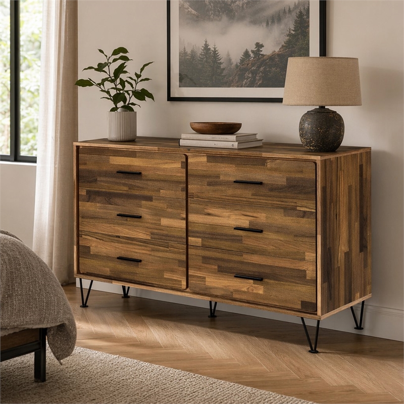Bowery Hill 6-Drawer Wooden Dresser with Modern Legs in Walnut Finish