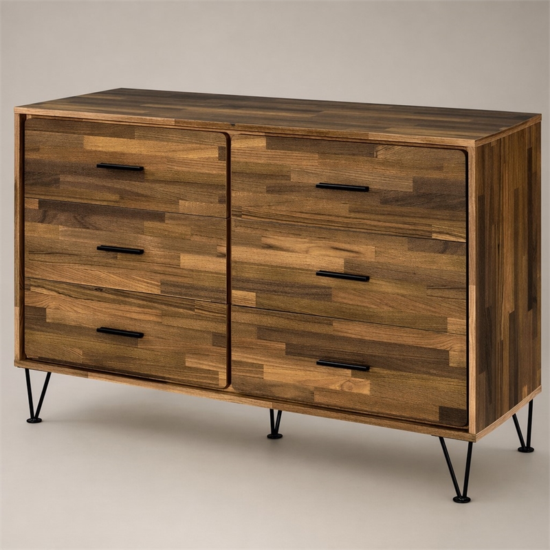 Bowery Hill 6-Drawer Wooden Dresser with Modern Legs in Walnut Finish