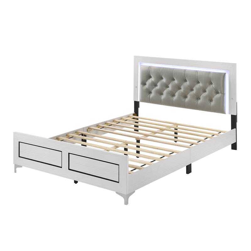 Bowery Hill Casilda Faux Leather Tufted Queen Bed with LED in Gray White