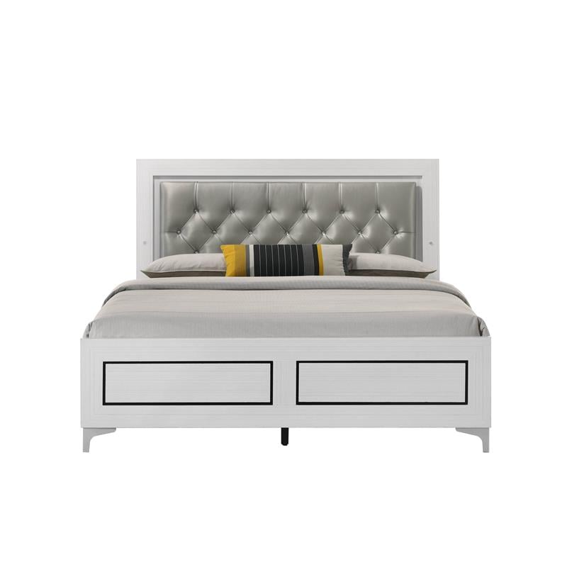 Bowery Hill Casilda Faux Leather Tufted Queen Bed with LED in Gray White