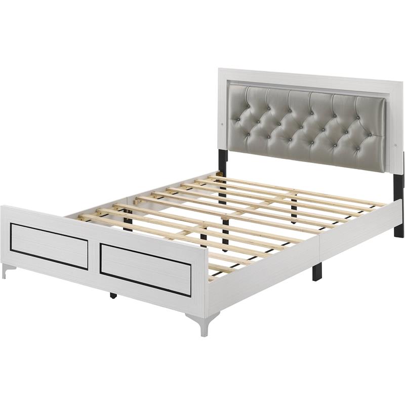Bowery Hill Casilda Faux Leather Tufted Queen Bed with LED in Gray White