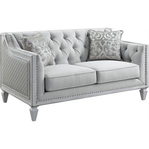 Bowery Hill Katia Loveseat in Light Gray Linen & Weathered White Finish