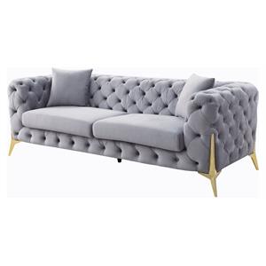 Bowery Hill Velvet Tufted Sofa with 2 Pillows in Gray and Gold Upholstery