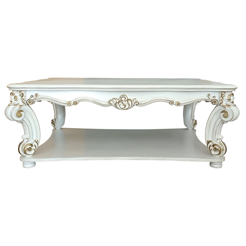 Bowery Hill Rectangular Wooden Coffee Table with Bottom Shelf in Antique Pearl
