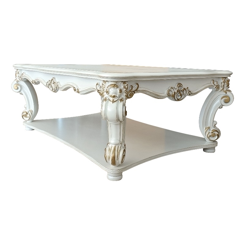 Bowery Hill Rectangular Wooden Coffee Table with Bottom Shelf in Antique Pearl
