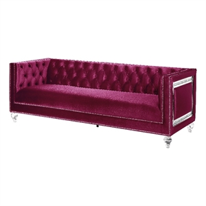 Bowery Hill Velvet Tufted Sofa with Accent Pillows in Burgundy