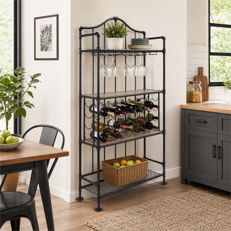 Bowery Hill Edina 4-tier Metal Wine Shelf in Oak and Sandy Black