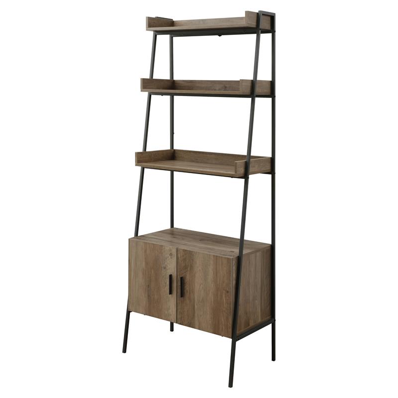 Bowery Hill Wooden Ladder Bookshelf with Cabinet in Rustic Oak and Black