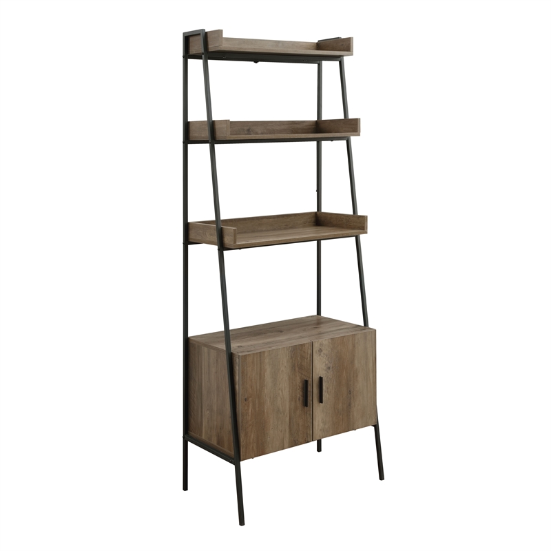 Bowery Hill Wooden Ladder Bookshelf with Cabinet in Rustic Oak and Black
