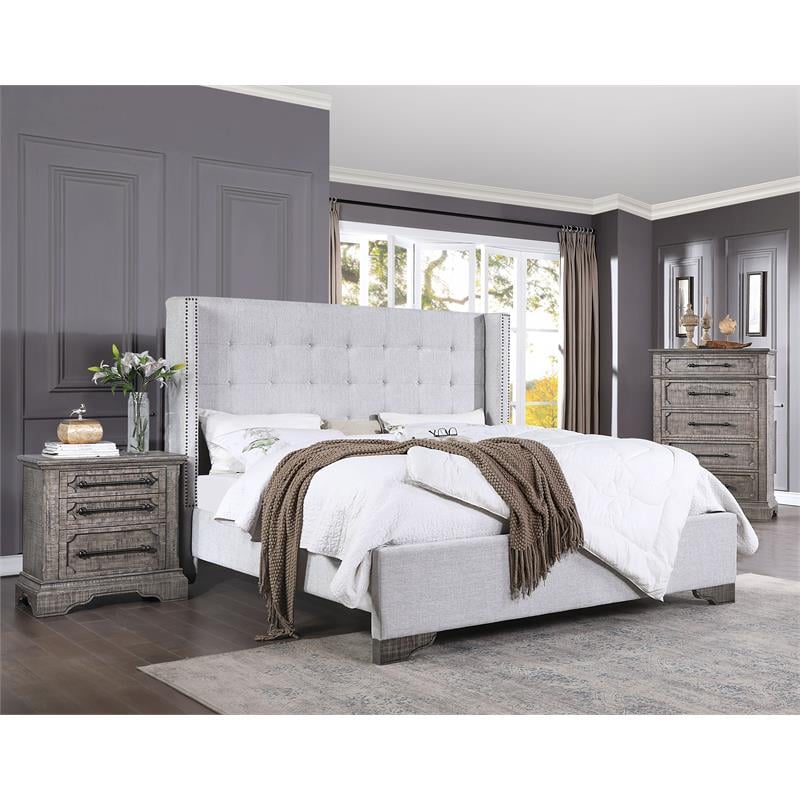 Bowery Hill Tufted Fabric Queen Bed in Tan and Salvaged Natural Finish
