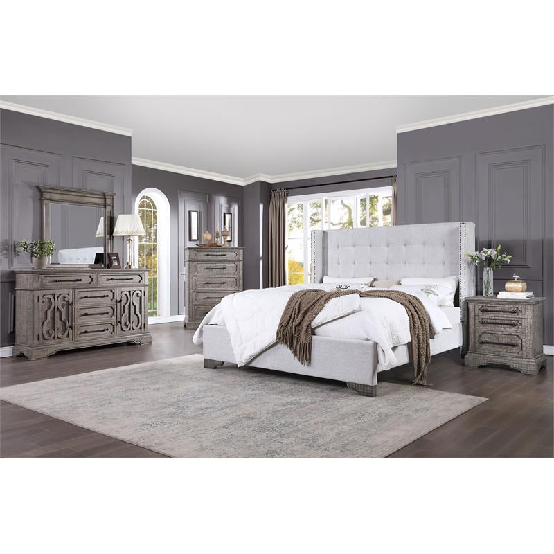 Bowery Hill Tufted Fabric Queen Bed in Tan and Salvaged Natural Finish