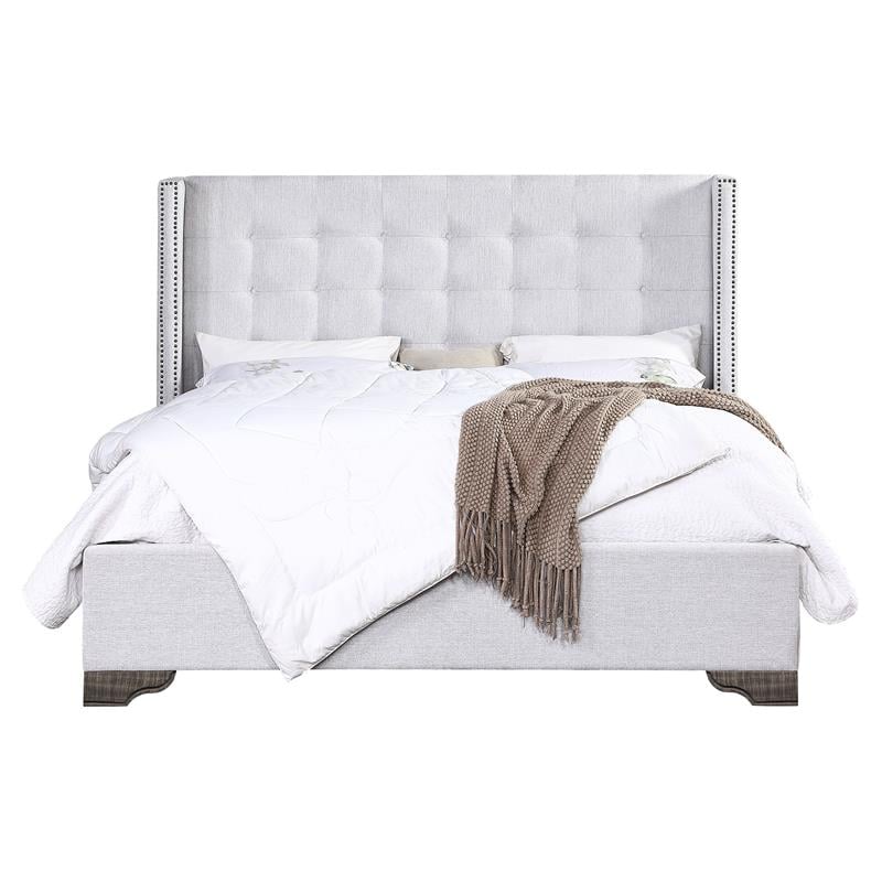 Bowery Hill Tufted Fabric Queen Bed in Tan and Salvaged Natural Finish