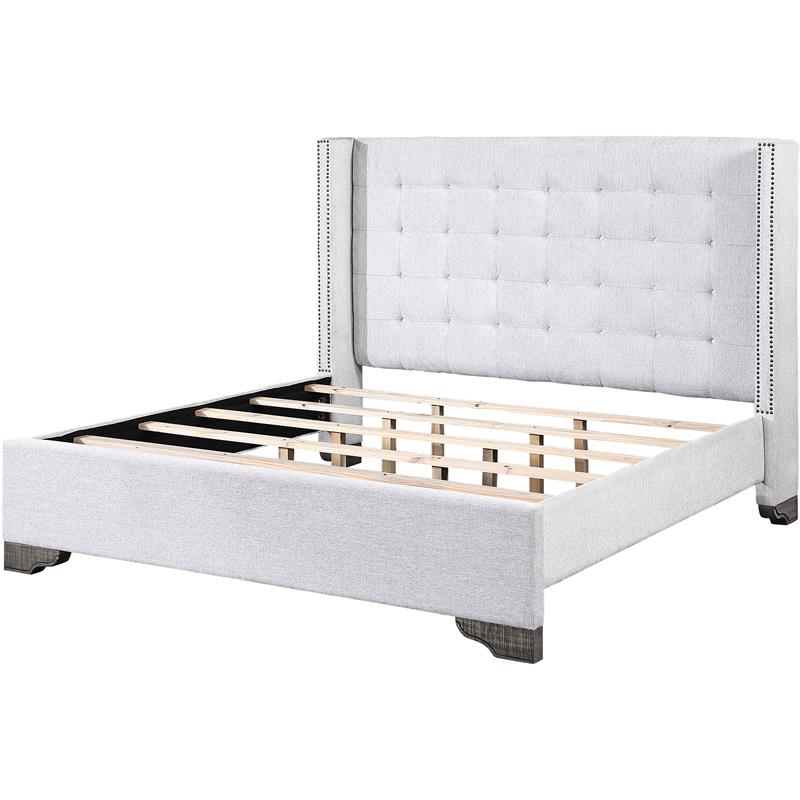 Bowery Hill Tufted Fabric Queen Bed in Tan and Salvaged Natural Finish