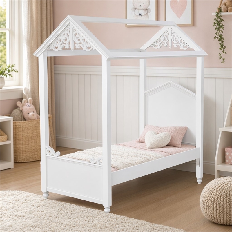 Bowery Hill Full Canopy Bed in White Wood Finish with Cottage Design