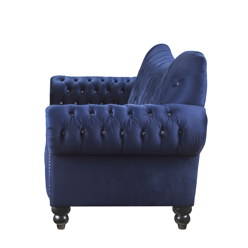 Bowery Hill Navy Velvet Sofa with Button Tufted Design and Rolled Arms