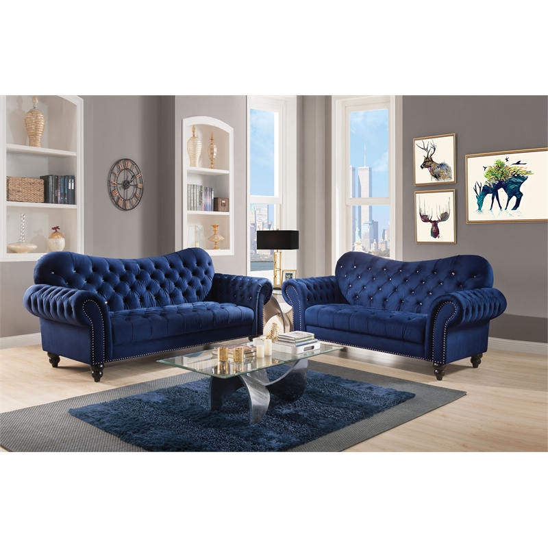 Bowery Hill Navy Velvet Sofa with Button Tufted Design and Rolled Arms