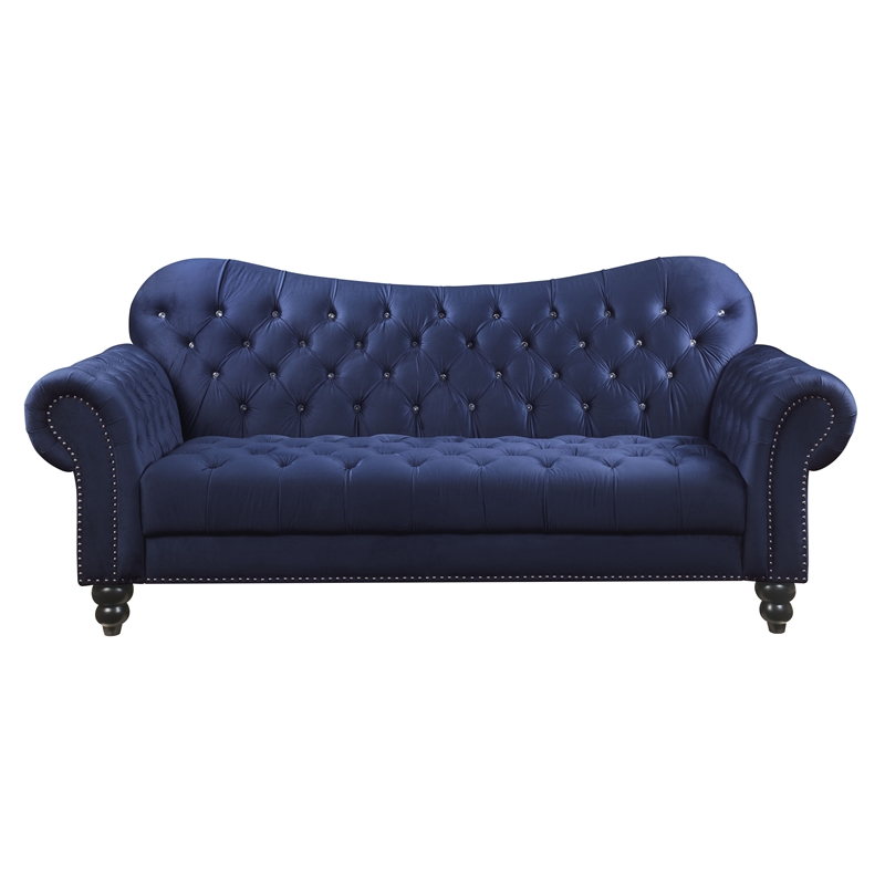 Bowery Hill Navy Velvet Sofa with Button Tufted Design and Rolled Arms