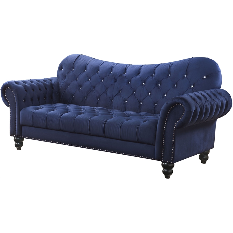 Bowery Hill Navy Velvet Sofa with Button Tufted Design and Rolled Arms