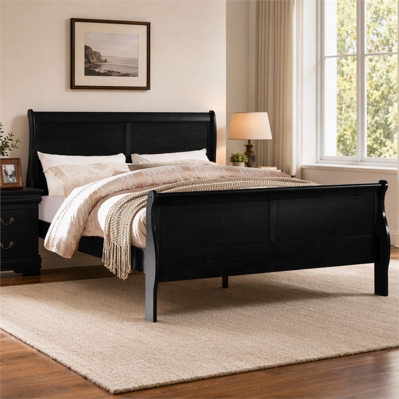 Bowery Hill Louis Philippe Queen Bed in Black Wood Finish