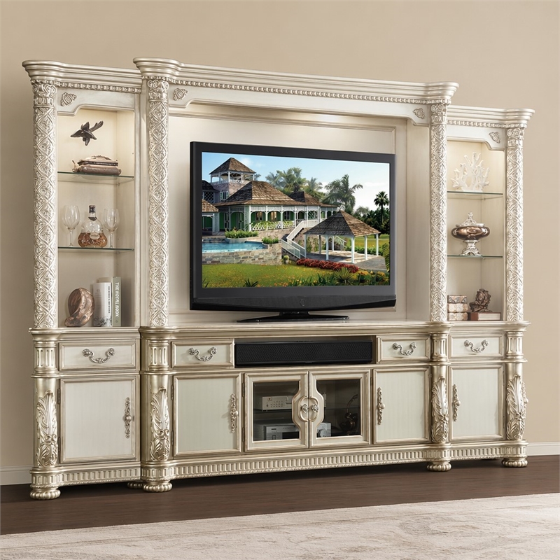 Bowery Hill Wooden TV Stand with Drawers and Doors in Gold Patina
