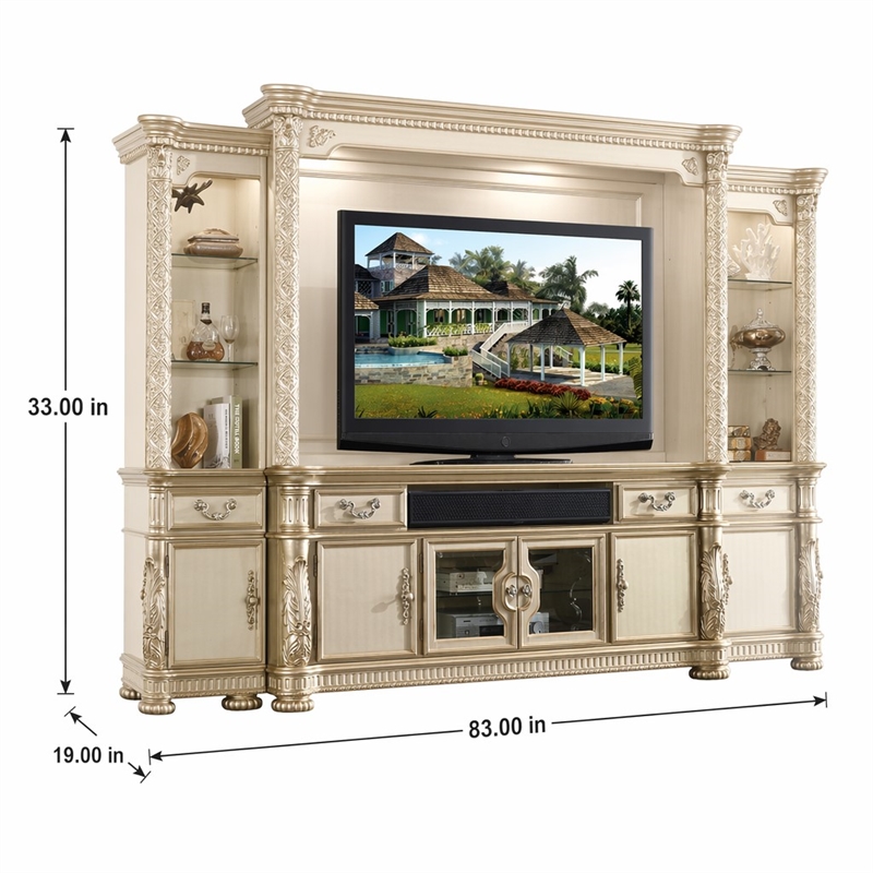 Bowery Hill Wooden TV Stand with Drawers and Doors in Gold Patina