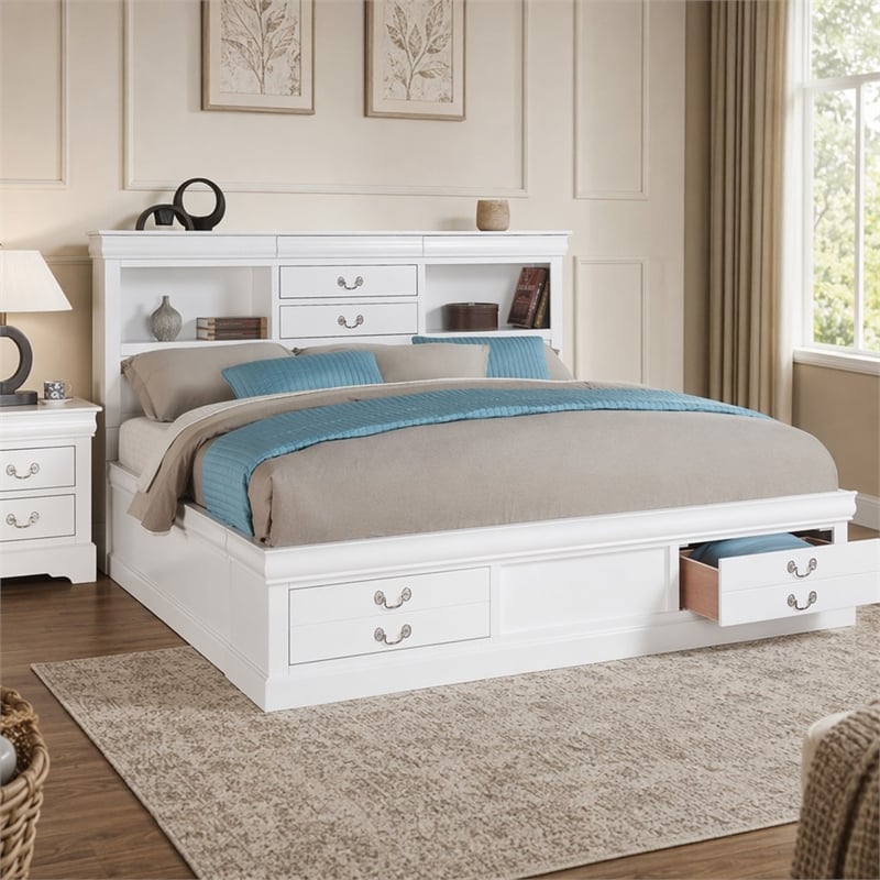 Bowery Hill Eastern King Storage Bed with Drawers in White Wood