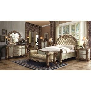 Bowery Hill Vendome Queen Panel Bed in Faux Leather with Gold Patina