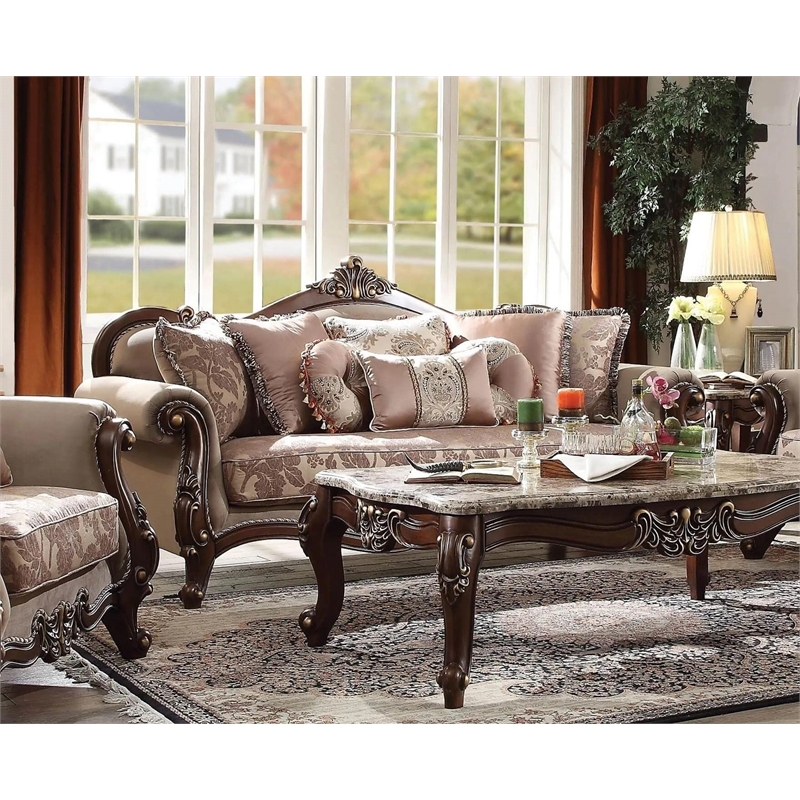 Bowery Hill Velvet Upholstered Sofa w/8 Pillows in Walnut