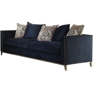 Bowery Hill Sofa w/5 Pillows in Blue Fabric and Steel Legs