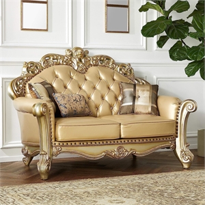 Bowery Hill Vendome Faux Leather Tufted Loveseat in Bone and Gold Patina