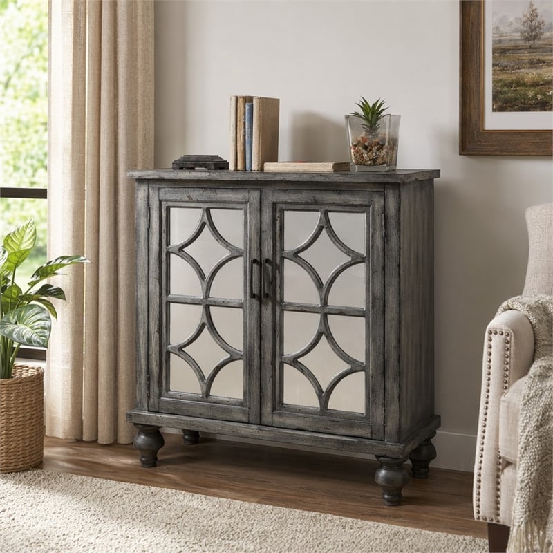 Bowery Hill 2-Door Wooden Console Table in Weathered Gray with Mirrored Doors