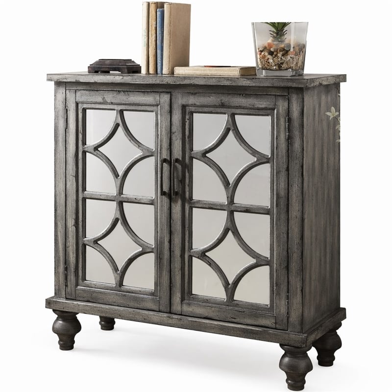 Bowery Hill 2-Door Wooden Console Table in Weathered Gray with Mirrored Doors