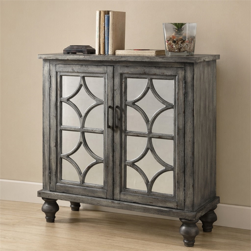 Bowery Hill 2-Door Wooden Console Table in Weathered Gray with Mirrored Doors